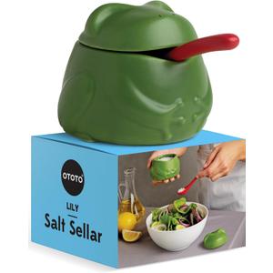 OTOTO NEW Lily Salt Cellar with Lid and Spoon - 6 oz Frog Salt Containers for Countertop, Ceramic Salt Holder with Lid for Sugar, Frog Stuff, White Elephant Gifts, Cute Gifts Accessories - Green