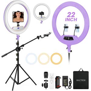 Ring Light 22inch Kit: Ring Light Tripod for iPhone ipad, with 75" Tripod/LCD Display/2 USB Ports Overhead Phone Mount for Video Recording, Zoom Meeting,YouTube,TikTok (Purple)