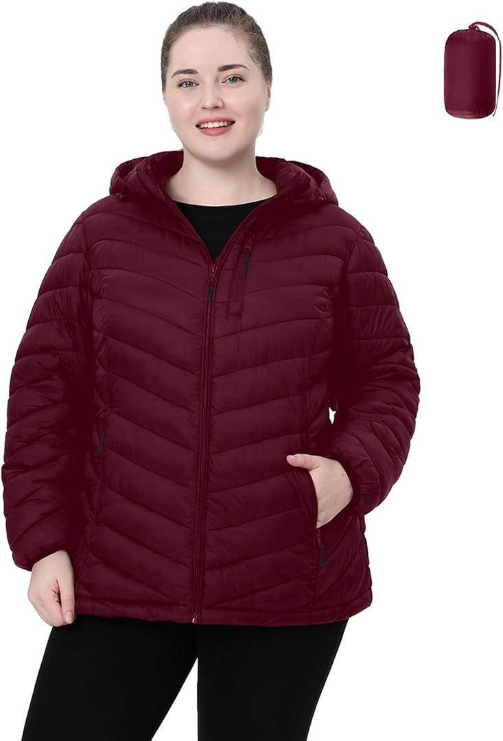 Plus Size Women Packable Puffer Jacket 1X-6X Water-Resistant Lightweight Coat Detachable Hood(Exclusively Plus Size) (1X, Wine Red)