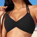 AJISAI Womens Halter Bikini Top Triangle V Neck Bathing Suit Top Low Impact Padded Sports Bra (Black, M)