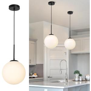 10" Globe Milk Glass Black Pendant Light, Mid Century Modern Hanging Ceiling Light Fixture for Dining Room, Kitchen Island Lighting
