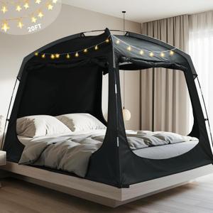 Hazacl Bed Tent Twin Full Queen King Size Canopy Tent for Kids and Adult - 80% Blackout Indoor Sleeping Tents with Star String Lights, Big Space Breathable Dome Tent Playhouse for Boys & Girls Size L