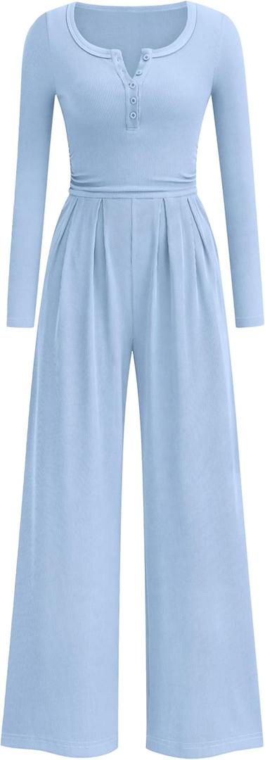 PRETTYGARDEN Jumpsuits for Women Dressy Casual 2026 Fall One Piece Outfits Long Sleeve Wide Leg Pants Romper Fashion Clothing (XX-Large, Light Blue)