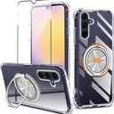 for Samsung Galaxy A17/A26 5G 2024 Phone Case with Screen Protector 360 Rotatable Ring Holder Kickstand/Stand [Non Yellowing] Transparent 4 Corners Shockproof Protective Cover Case - Crystal Clear