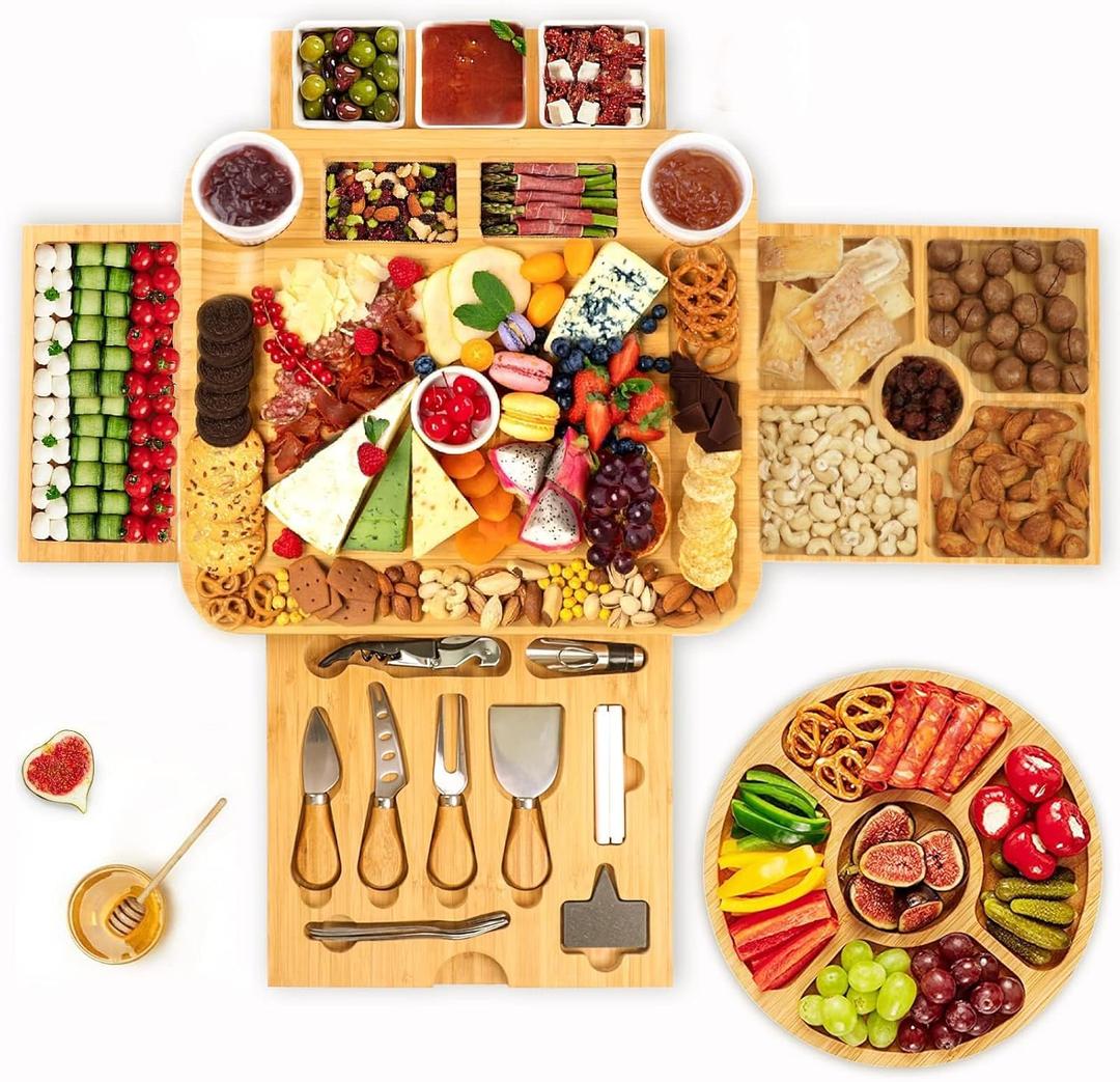 Charcuterie Boards Gift Set Bamboo Cheese Board and Knife Set, Cheese Tray Magnetic Charcuterie Boards Set, 15 x 13 x 2 Inch for Cheese Meat Fruit Gift for Birthdays Wedding Registry Housewarming