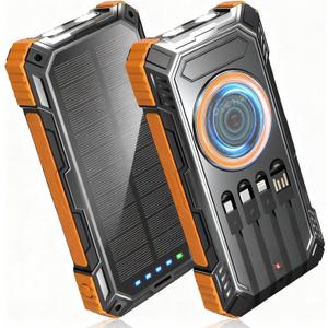 Solar Power Bank,49800mAh Wireless Portable Phone Charger with Built-in 4 Cables,22.5W Fast Charging External Battery Pack PD 3.0 USB-C In/Output for iPhone,iPad,Android,Perfect for Camping, Hiking (Orange)