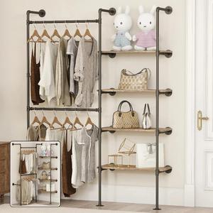 Industrial Pipe Clothing Rack, Heavy Duty Adjustable Garment Hanger with Shelves, 2 Installation Methods Closet Storage System for Wardrobe Organization (Black, 80" H x 55" W)