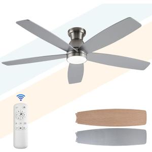 52 inch Low Profile Ceiling Fans with Lights and Remote Control,Black Flush Mount Ceiling Fan,Noiseless,Reversible DC Motor,Memory Program,Modern Hugger Ceiling Fan for Indoor Outdoor Use (Brushed Nickel)