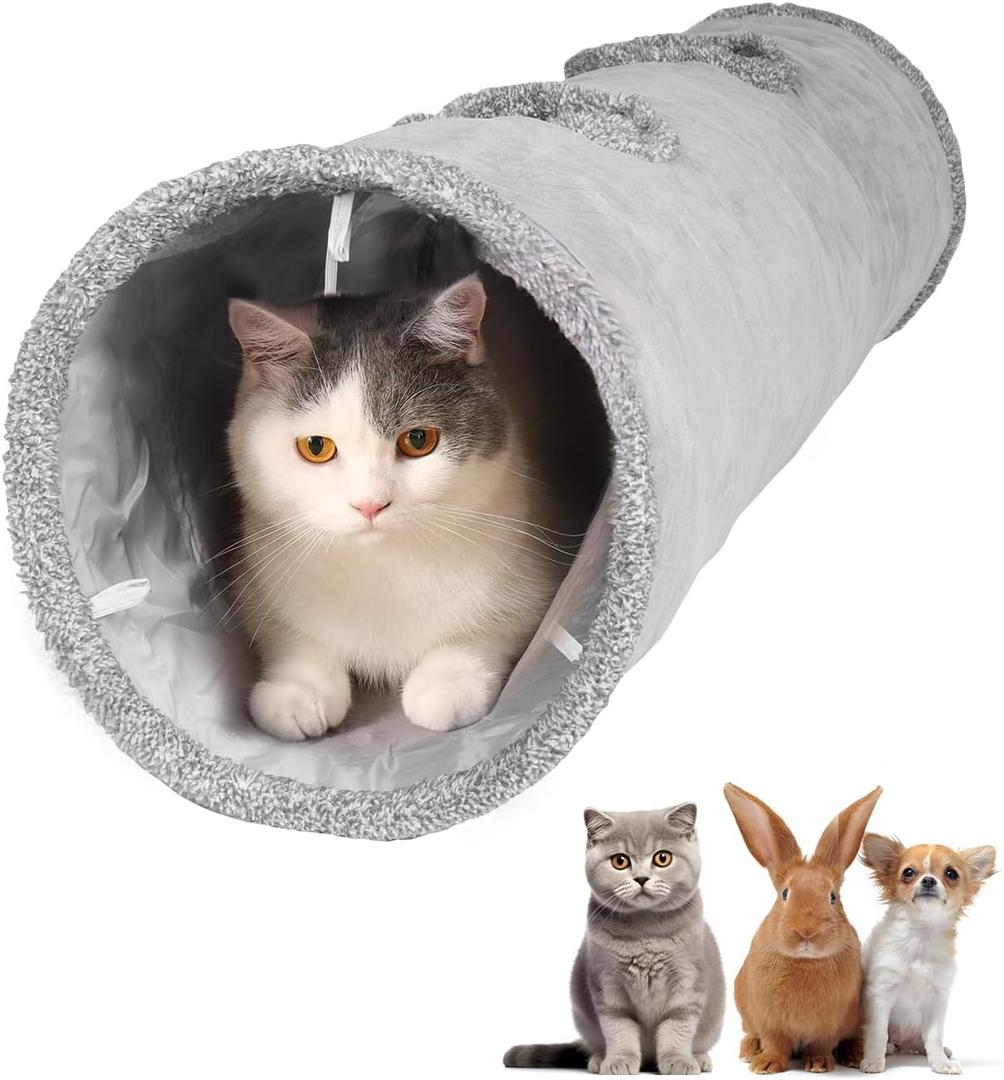 51 Inches Extra Long Cat Tunnels for Indoor Cats, Collapsible Pet Play Tube with Cat Toys and Two Peek Holes, Cat Hideout Hideaway for Big Cats, Kittens, Bunny Rabbits, Ferrets, Puppy (Gray)