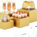Metal Buffet Risers,4PCS Food Risers for Buffet Table 5in to 8in Display Stand with Mini Acrylic Signs for Catering Dessert Collectibles Jewelry Figures Show Gold Cube Boxes Nesting Risers with Hollow Bottoms
