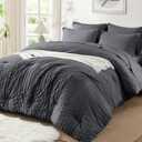 SunStyle Home Full/Queen Comforter Sets 7 Pieces, Seersucker Bed in a Bag Lightweight Bedding Sets, All Season Comforters with Flat Sheet, Fitted Sheet, Pillowcase and Pillow Sham, Dark Grey