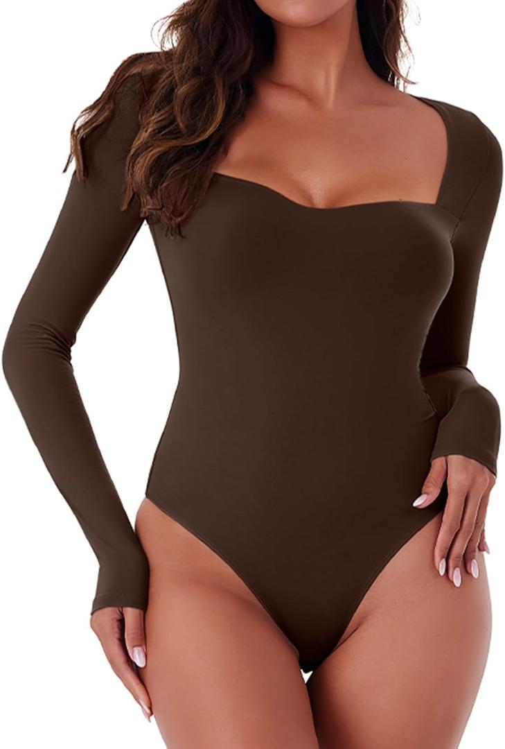 REORIA Womens Sweetheart Neck Sexy Long Sleeve Double Lined Bodysuit Body Suit Going Out Thong Top, XXL
