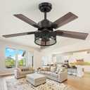 Farmhouse Ceiling Fans with Lights and Remote, 42 Inch Black Caged Ceiling Fan, Indoor/Outdoor Ceiling Fan with Dual-Color Blade Warm White Lighting for Bedroom, Patio, Kitchen, Living Room