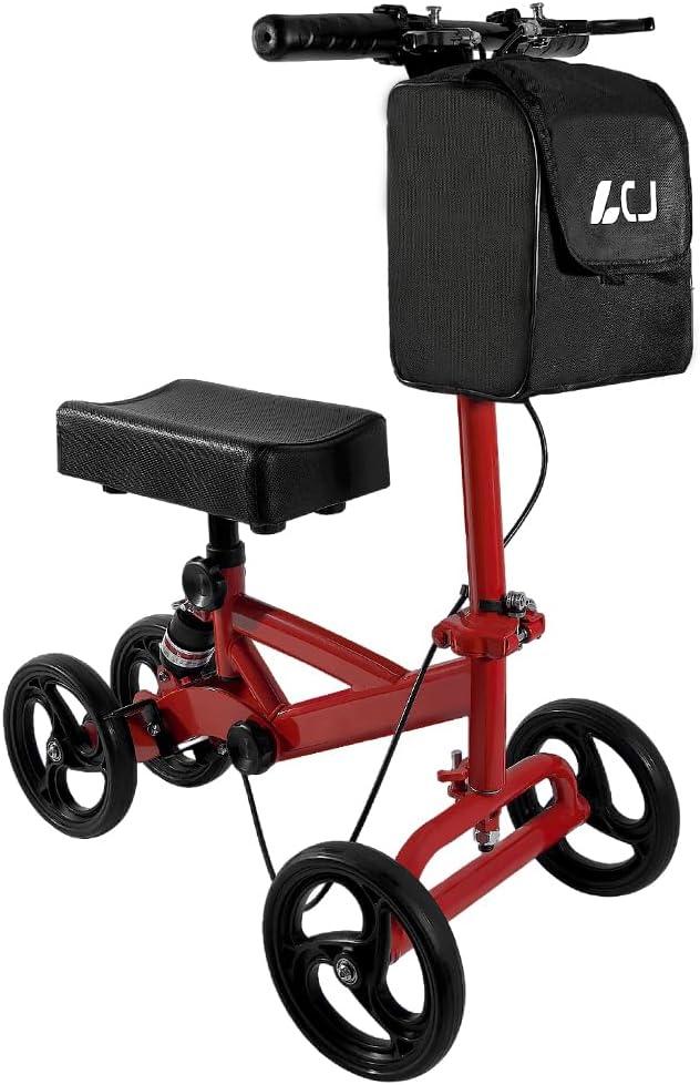 Knee Scooter,Economical Foldable Steerable Knee Walker,for Adults Foot Surgery,Injured Ankle Recovery Scoote(Red-Shock-Absorbing Design)