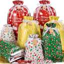 Asoulin Christmas Drawstring Gift Bags with Tags - 32 PCS Stand Up Gift Bags Assorted Sizes Large Medium Small Foil Gift Wrapping Bags for Birthday, Goodies, Xmas Holiday Party Decoration Supplies (style1)