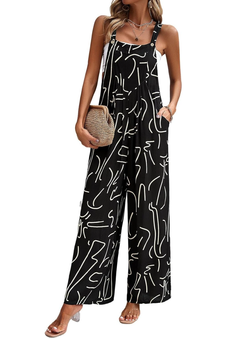 watersouprty Womens Loose Sleeveless Printed Bib Overalls Pockets Wide Leg Palazzo Pants Tank Jumpsuit Rompers L