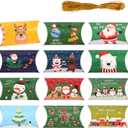 DIYASY Christmas Pillow Boxes,60 Pcs Gift Card Holders Small Treat Box in 12 Xmas Designs for Small Gifts with Gold Twine