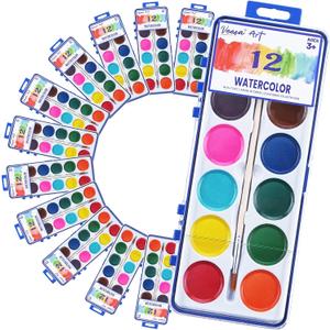 Washable Watercolor for Kids -12 Colors, Woodbrushes Included, 10 Pack Water Color Paint for Classroom, Party Favors and Art Activities, 30% More Paint