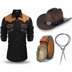 Yahenda 4 Pcs Men Western Cowboy Outfit Cowboy Shirt PU Leather Belt Western Accessories for Carnival(XX-Large)