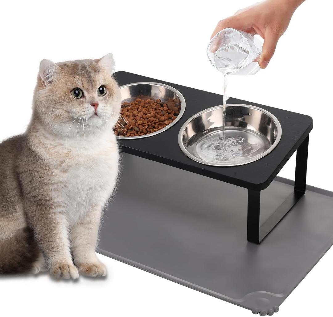 Upgraded Elevated Cat Bowls with Food Mat,15Tilted Stand Anti Vomiting Raised Cat Dishes for Food and Water,2 Stainless Steel Bowls for Cats and Puppy Black