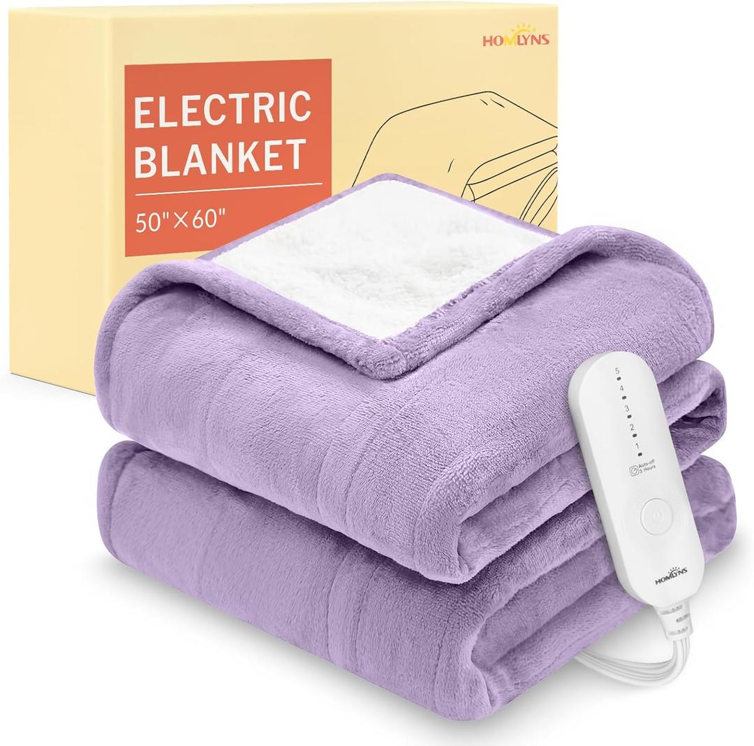 HOMLYNS LuxeHeat Heated Blanket Electric Blanket, Soft Flannel Sherpa Heated Throw, Heating Blanket with 5 Heat Settings, 3 hrs Timer Auto Shut Off (50x60 inches, Purple), Only for 120V Voltage Use