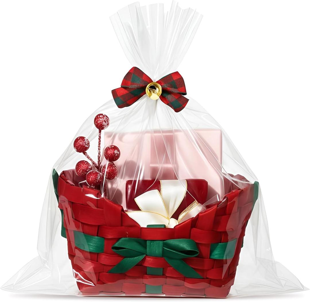 Thyle Christmas Gift Basket Empty Wrapping Set, Red Small Xmas Bamboo Woven Handle Basket with Transparent Gift Bag and Plaid Bow with Bell for Christmas Gifts Holiday Party Decor, 7"x 5" x 4"