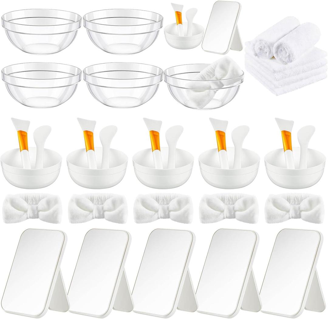 6 Set White Spa Party Supplies for Girls Women Include Facial Mask Bowl with Stick Spatula Silicone Brush Mirror Headband Towel for DIY Spa Sleepover Slumber Wedding Birthday Party Favor