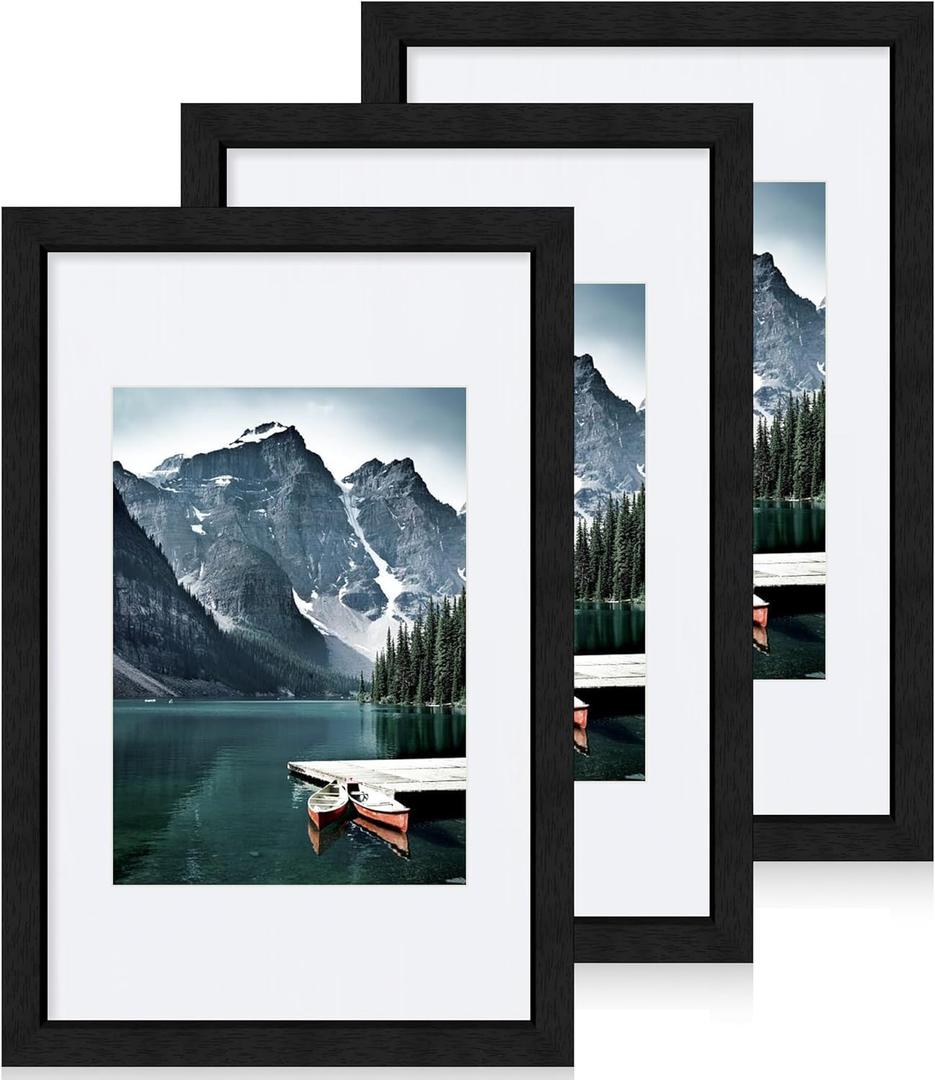 8x12 Black Picture Frames set of 3, Made of Wooden and Glass Photo frame - Displays 6x8 Picture with Mat or 8 x 12 Poster without Mat, Desktop & Wall Collage Frame set (8x12 in)