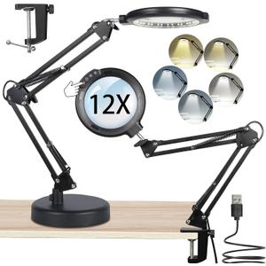 12X Large Magnifying Glass with Light and Stand, Lighted Magnifying Glass with 5 Color Modes 10 Dimmable Brightness, Magnifier with Light Hands Free Desk Lamp with Clamp for Reading Repair Close Work