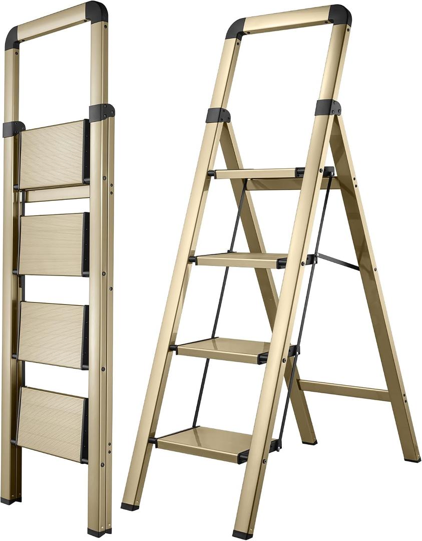 Step Ladder 4-Step Champagne Gold Finish Aluminum Folding Step Ladders,Anti-Slip Max 330 lbs