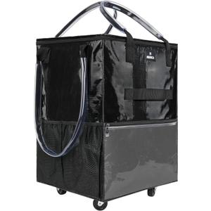 Reusable Grocery Bag with Wheels, Foldable Shopping Rolling Tote Bag, Shopping Trolley Cart with Zippered Top, Heavy Duty Handles, Lightweight, Carries Up to 66 LBS, Large, Black