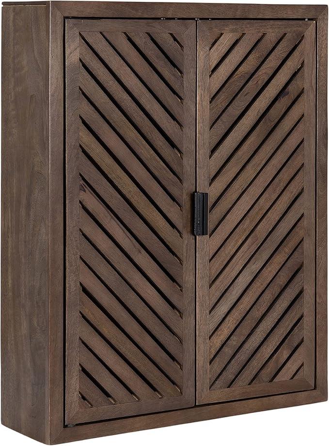Kate and Laurel Mezzeta Decorative Coastal Two-Door Floating Bathroom Cabinet; 22 x 7 x 28; Whitewash; Decorative Over Toilet Storage Cabinet Made from Solid Mango Wood with Slatted Chevron Design Brown