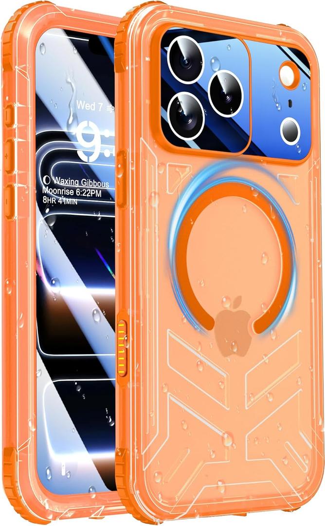 for iPhone 17 Pro Waterproof Case Magnetic, Built in Camera Control [Screen Protector] [Lanyard], Fit for Magsafe Heavy Duty Military Rugged Full Body IP68 Phone Case, 6.3" Frosted Orange