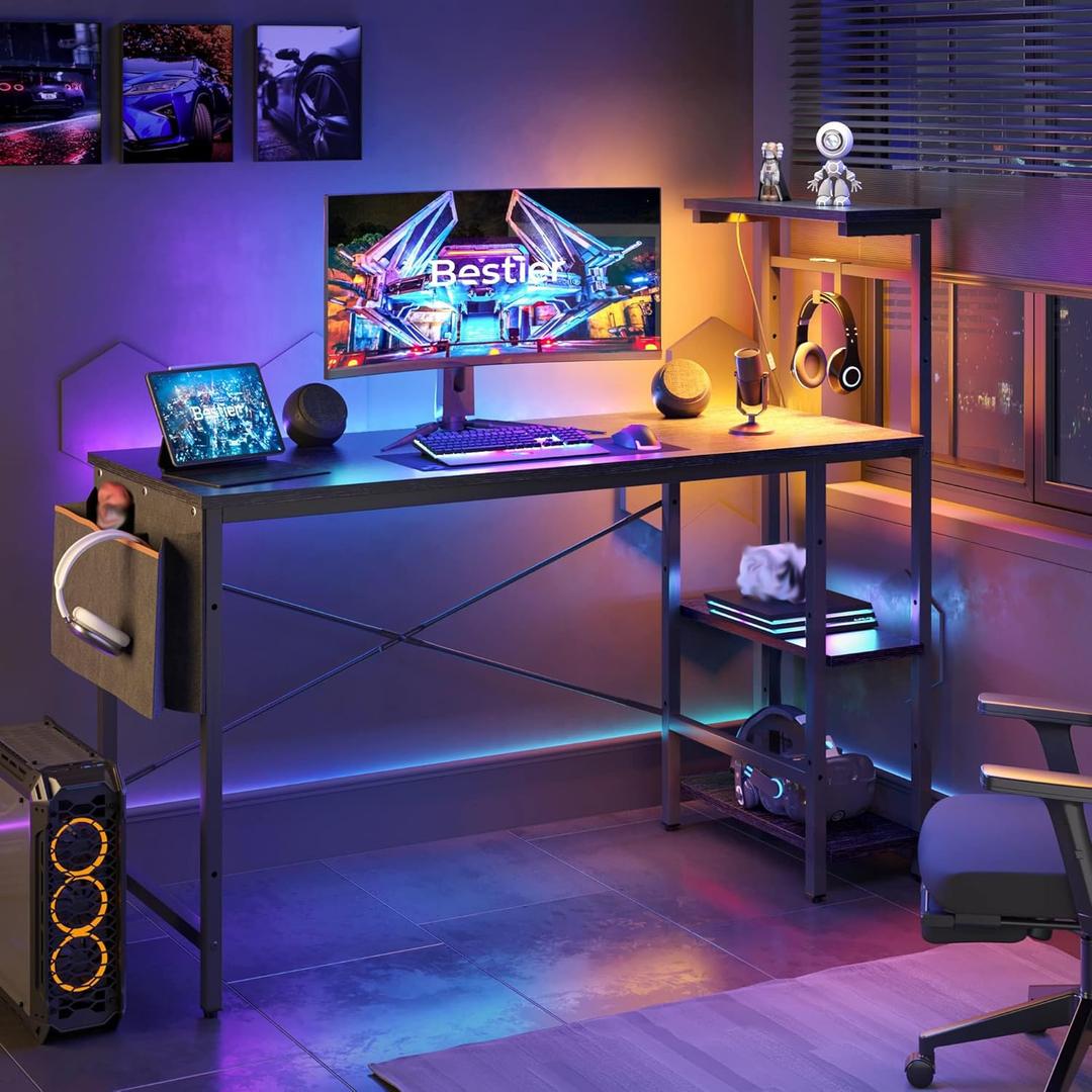 Bestier Gaming Desk with LED Lights, 51.3 Inch Computer Desk with 4 Tiers Reversible Shelves, Home Office Writing Desk with Side Storage Bag, Hooks and Height Adjustable Shelf (Black Grained)