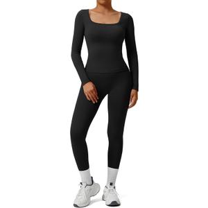 SUUKSESS Women 2 Piece Workout Sets High Waisted Seamless Leggings Active Long Sleeve Tops (X-Small, Black)