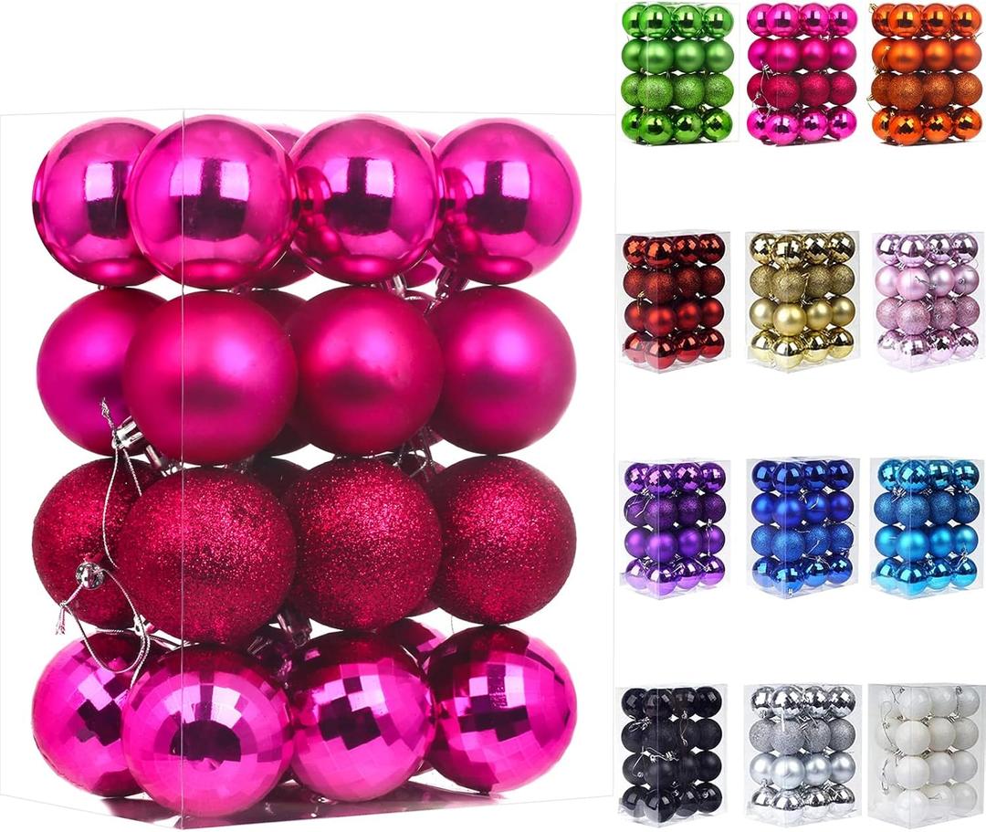 Emopeak 24Pcs Christmas Balls Ornaments for Xmas Christmas Tree - 4 Style Shatterproof Christmas Tree Decorations Hanging Ball for Holiday Wedding Party Decoration (Rose Red, 2.4"/6.2CM)