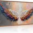 Aurlan Angel Wings Framed Wall Decor(40"x20"), Large Abstract Colorful Feather Oil Painting Canvas Artwork, Modern Contemporary Inspirational Wall Art for Living Room Bedroom