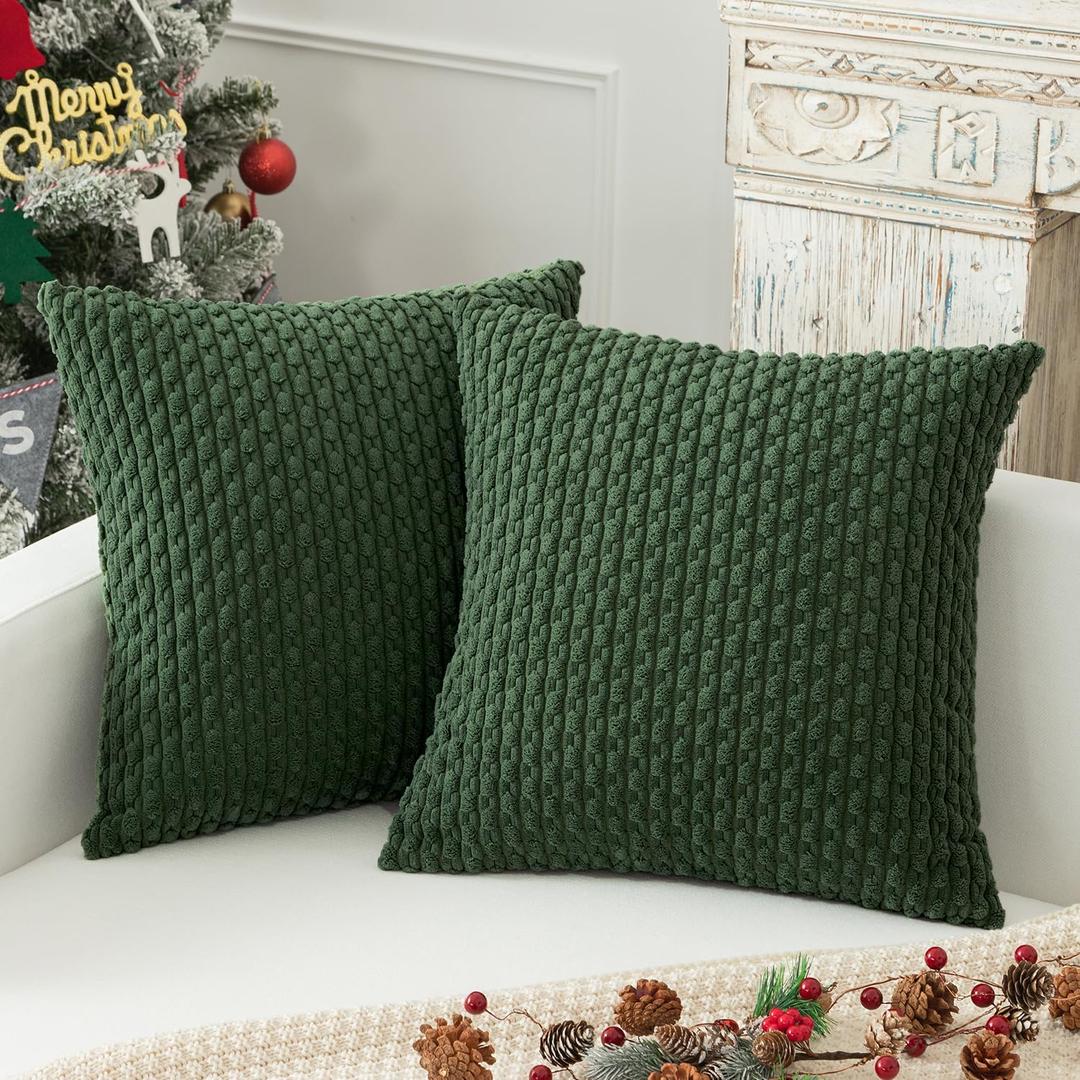 Kevin Textile Christmas Corduroy Decorative Throw Pillow Covers 24x24 Inch Pack of 2 Soft Boho Striped Pillow Covers Modern Farmhouse Home Decor for Spring Sofa Living Room Couch Bed Dark Green