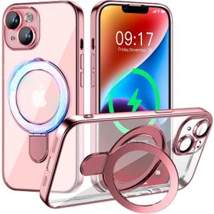 Magnetic for iPhone 14 Case with Invisible Stand[Compatible with MagSafe][Full Camera Lens Protector][Military Drop Protection] Shockproof Not Yellowing Clear Slim Soft for Women Men (Pink)