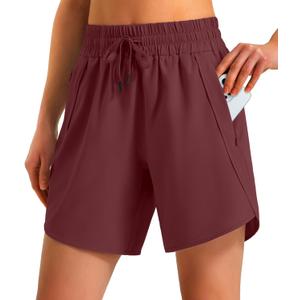 Ksmien Women's 7" Athletic Running Shorts Quick Dry Lightweight Workout Gym Shorts with Zipper Pockets UPF 50+ (X-Large, Wine Red)