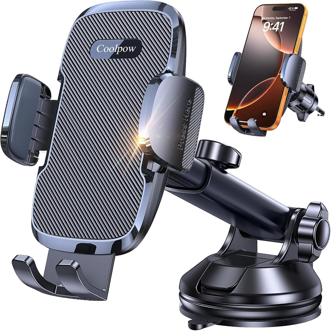 Coolpow Car Phone Holder MountStrongest Suction Universal 360 Dashboard Phone Holder for Car Jeep Truck Phone Mount Cell Phone Holders for Your Car Gifts for Mothers Day Him Her for iPhone Samsung