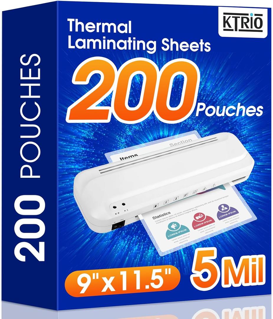 KTRIO 200 Pack Laminating Sheets 5 Mil, Hold 8.5 x 11 Inches Laminate Sheets, 9 x 11.5 Thermal Laminating Pouches for Laminator, Clear Lamination Sheets Paper, Letter Size, Office School Home Supplies
