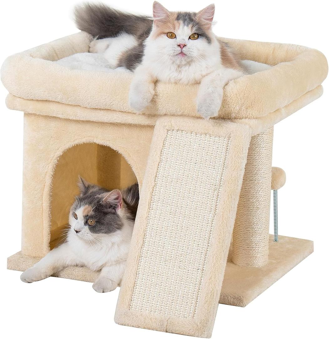 Aechonow 14in Cat Tree Tower with Large Perch, 20 * 16.5 Inch Top Bed for Adult Cats, Scratching Post with Bed for Kittens, Beige