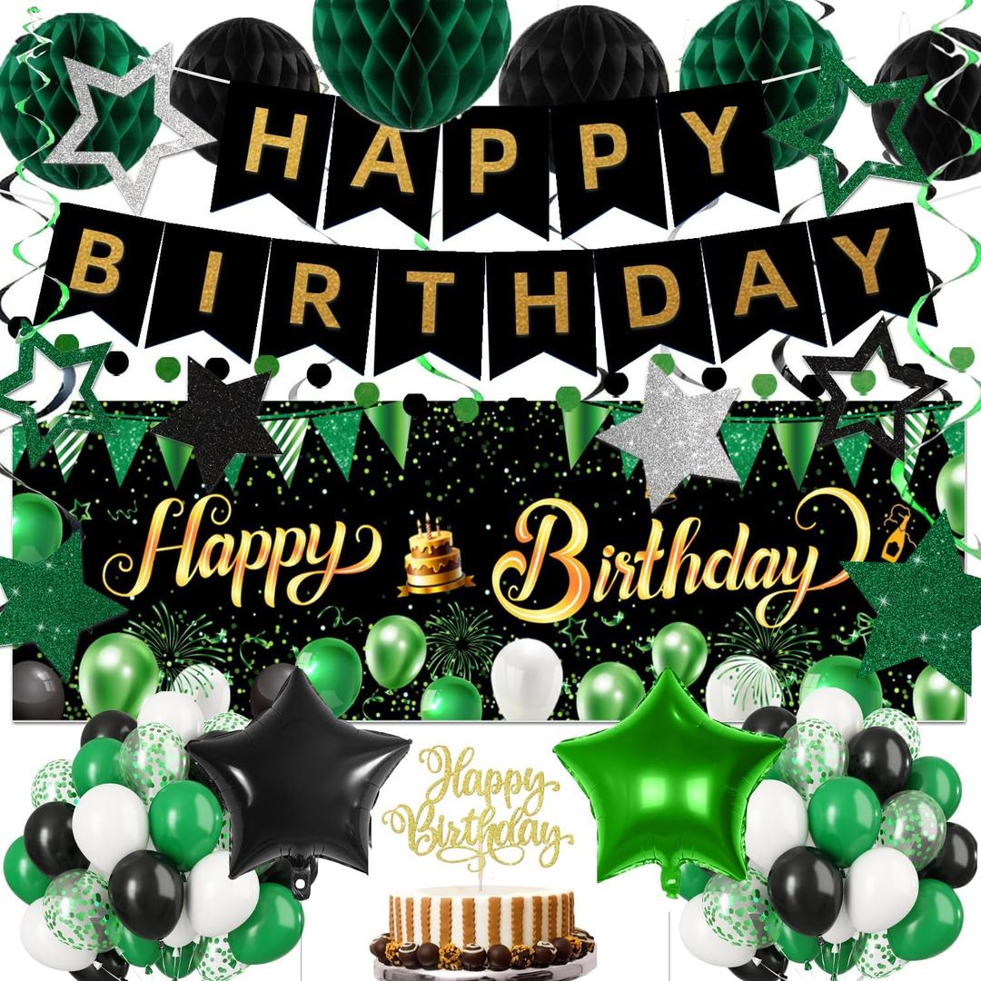 Green Black Birthday Decorations, Happy Birthday Banner, Backdrop, Balloons, Honeycomb Balls, Star Foil Balloons, Stars Hanging Swirls & Cake Topper for Baby Boys Girl Men Women Birthday Decoration