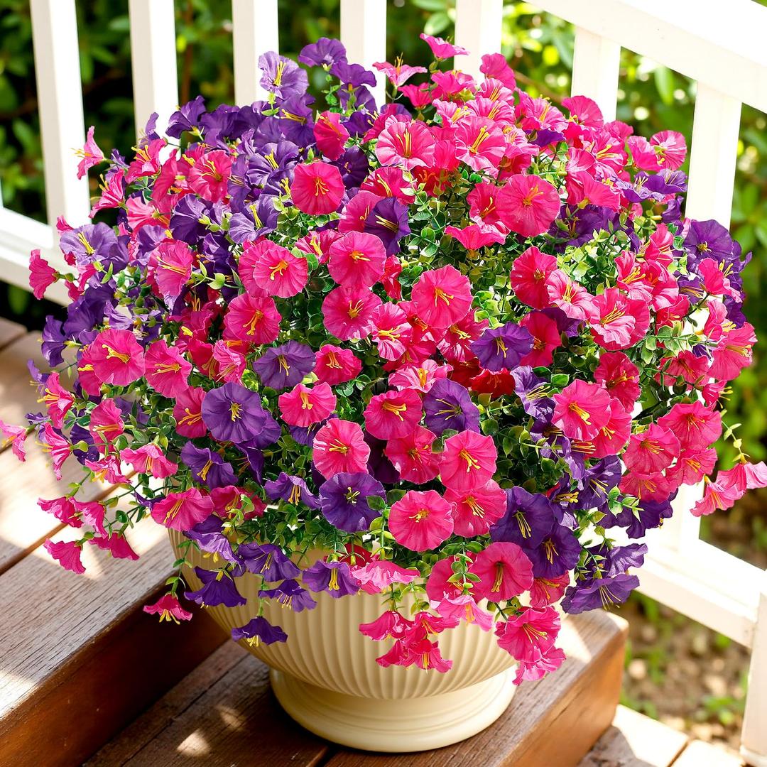 Alupssuc 48 Bundles Artificial Flowers for Outdoors, Faux Spring Flowers for Decoration, UV Resistant Silk Morning Glory with Eucalyptus Realistic Fake Flowers for Yard Planter Porch, Purple Fuchsia