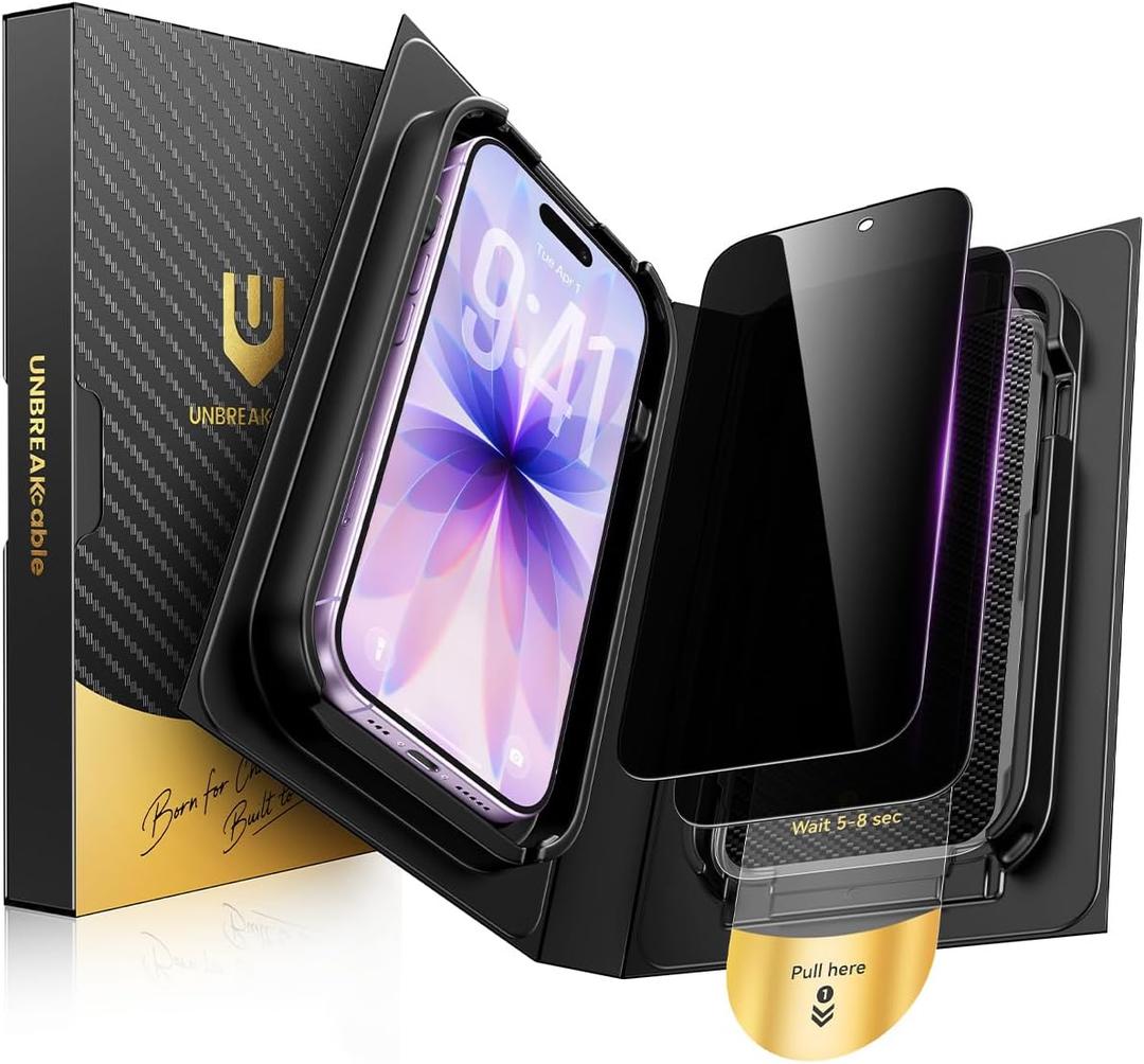 UNBREAKcable Privacy Screen Protector for iPhone 17, Auto Dust-Elimination Kit, 28 Anti-Spy Shatterproof Tempered Glass, Bubble-Free Easy Install, 9H Full Coverage Film - 2 Pack