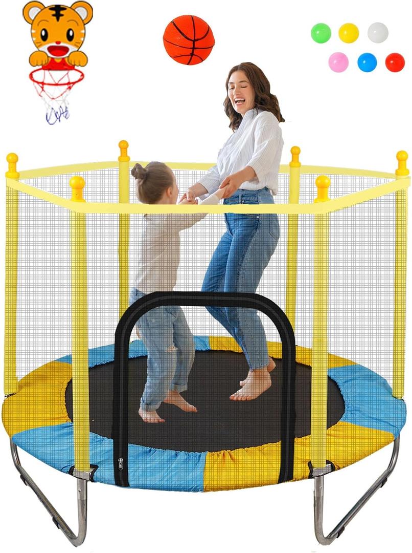 55" Trampoline for Kids with Basketball Hoop - 4.6 FT Indoor Outdoor Toddler Recreational Tranpolines with Enclosure Net,ASTM Approved - Toddler Baby Small Trampoline Birthday Gifts for Kids