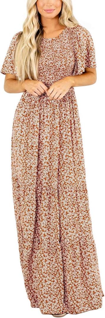 Kranda Women 2025 Summer Fall Crewneck Short Sleeve Smocked Floral Maxi Dress (Brown, S)