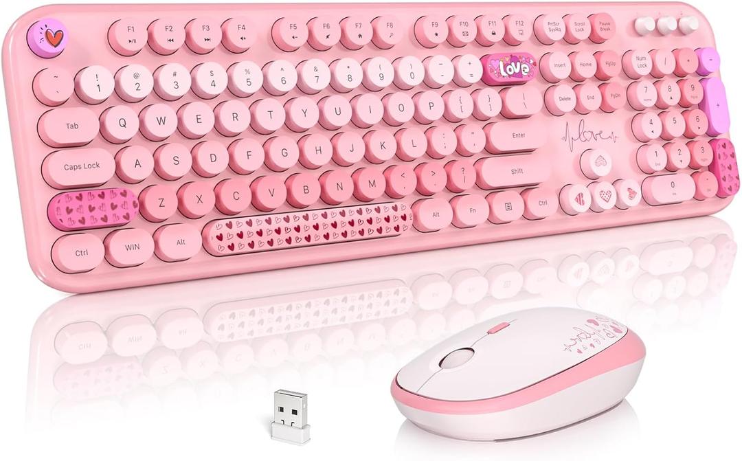 Atelus Wireless Keyboard and Mouse, Typewriter Full Size Keyboard with Number Pad and 2 in 1 USB Connected Mouse for Windows 7/8/10, Laptop, Desktop, PC, Computer (Pink Colorful)