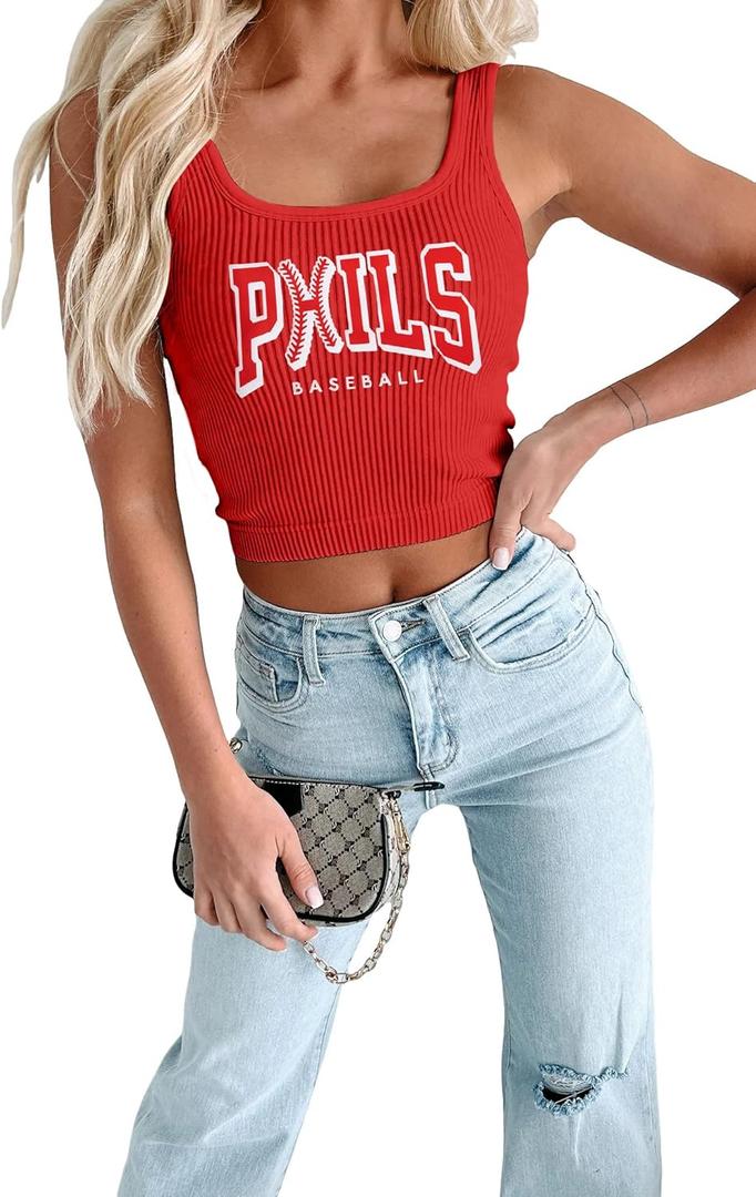 Baseball Tank Top Women Vintage Baseball Mom Tanks Baseball Season Graphic Tee Shirts Game Day Knit Crop Sleeveless Tops (Red, XXL)